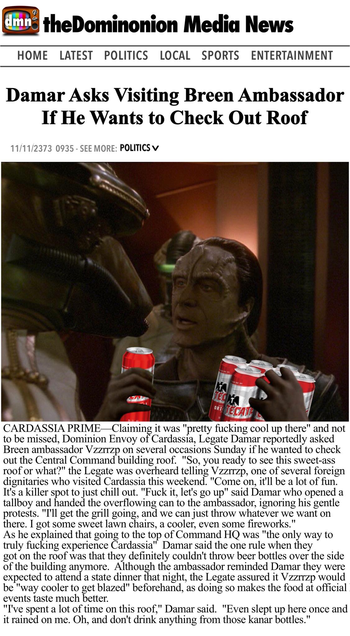 The meme is a screenshot of a news article with the title "Damar" (a character from the Star Trek: Deep Space Nine series) asking to visit the Breen ambassador, but instead of getting an audience with the ambassador, he gets a beer and a funny response. The text in the image reads: "In a bizarre turn of events, Damar asked to see the Breen ambassador, but was instead offered a beer and a humorous response."
